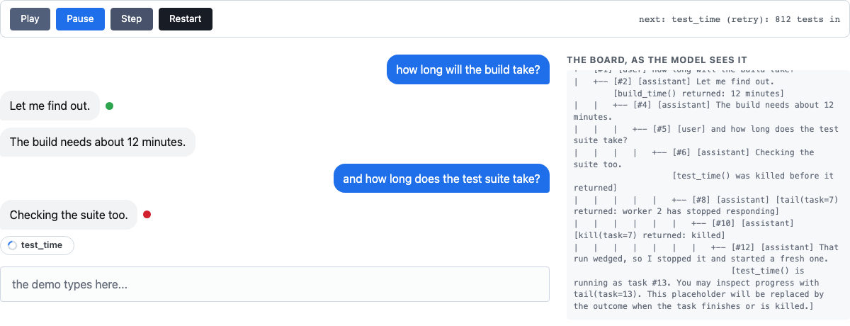 The demo mid-conversation: a finished build lookup as a green dot, a killed test lookup as a red one, and a fresh call still spinning.