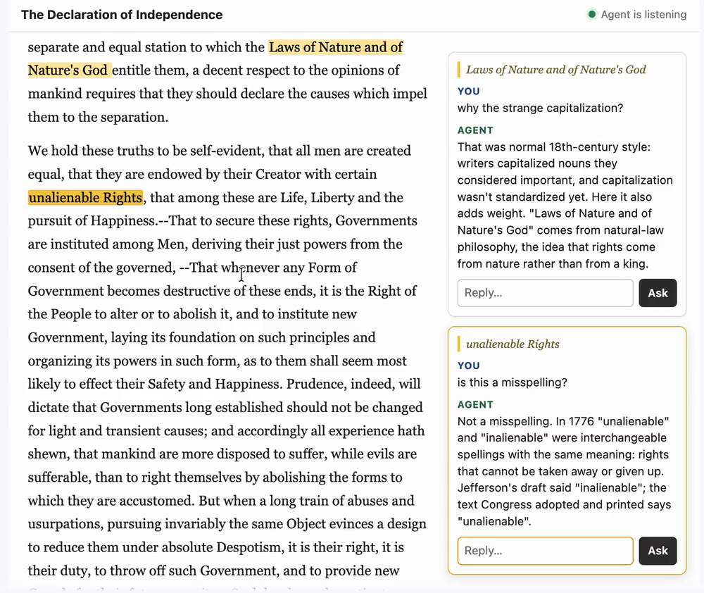 Two highlighted passages of the Declaration of Independence, each with a comment card in the margin holding the user's question and the agent's answer.